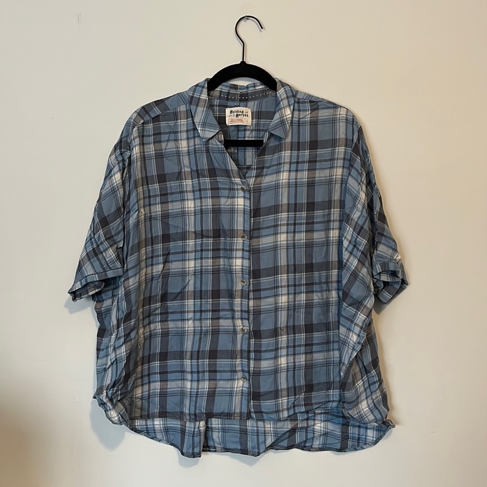 Blue Plaid Short Sleeve Holding Horses Button Up